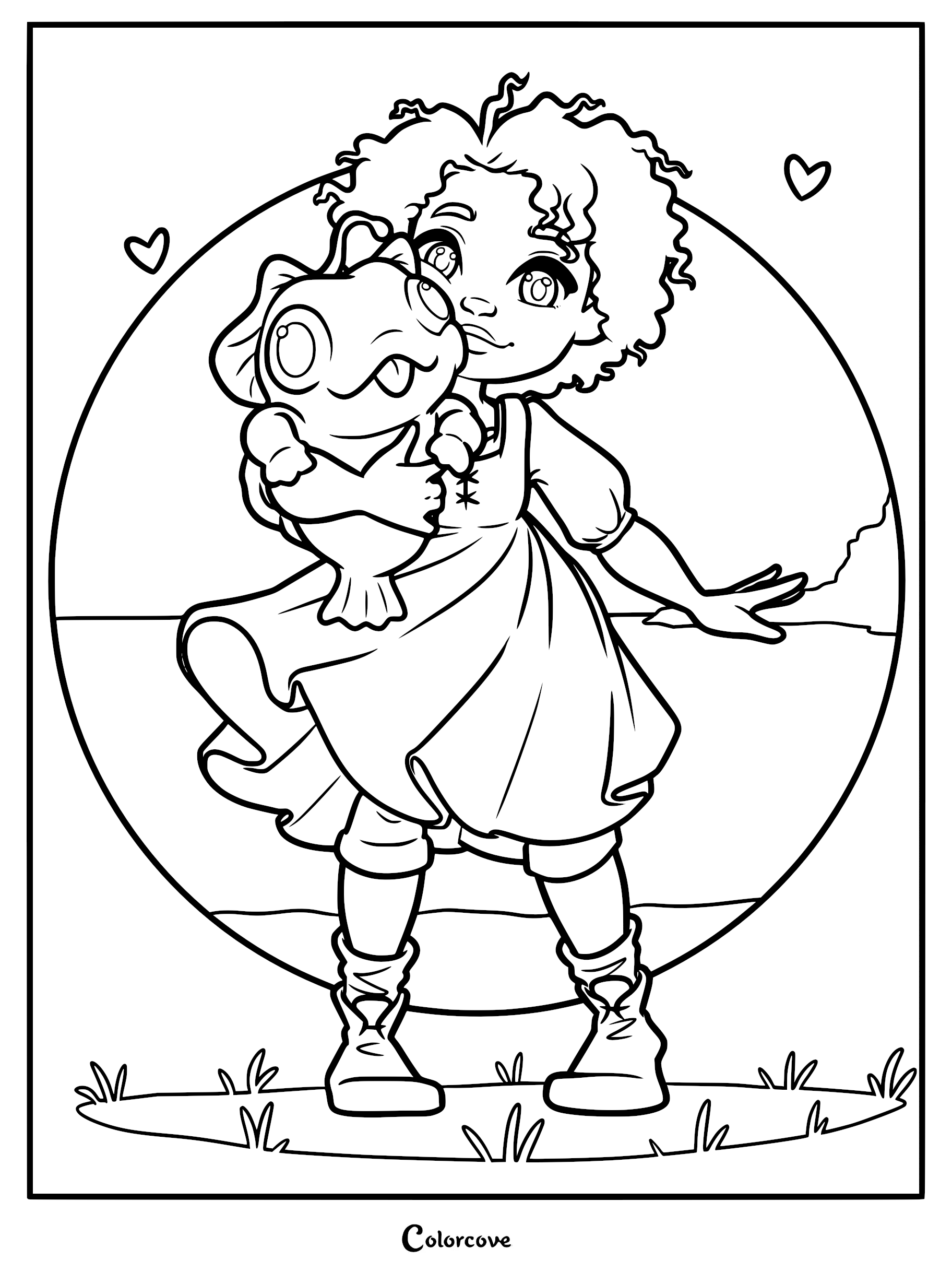 Maisie Brumble with curly hair happily hugging a small sea creature named Blue in a circular frame line art coloring page.