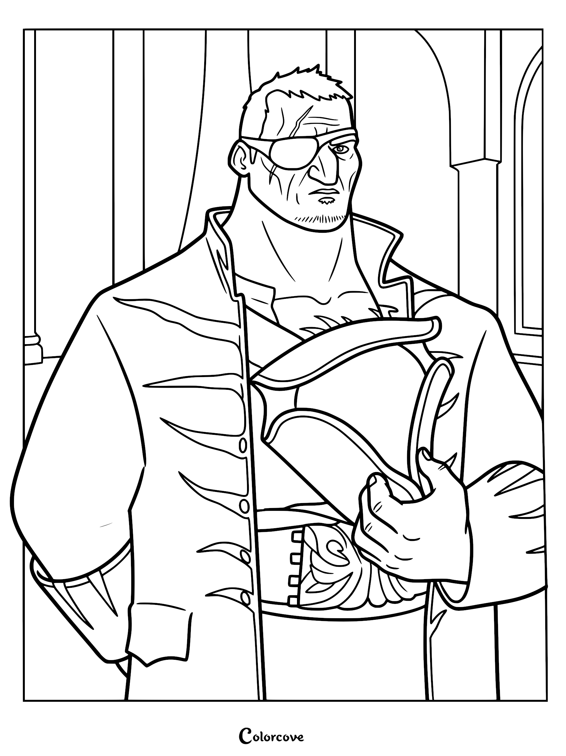 A detailed line art coloring page of Captain Augustus Crow III from The Sea Beast, featuring the rugged pirate with his signature eyepatch, scars, and tricorn hat tucked under his arm.