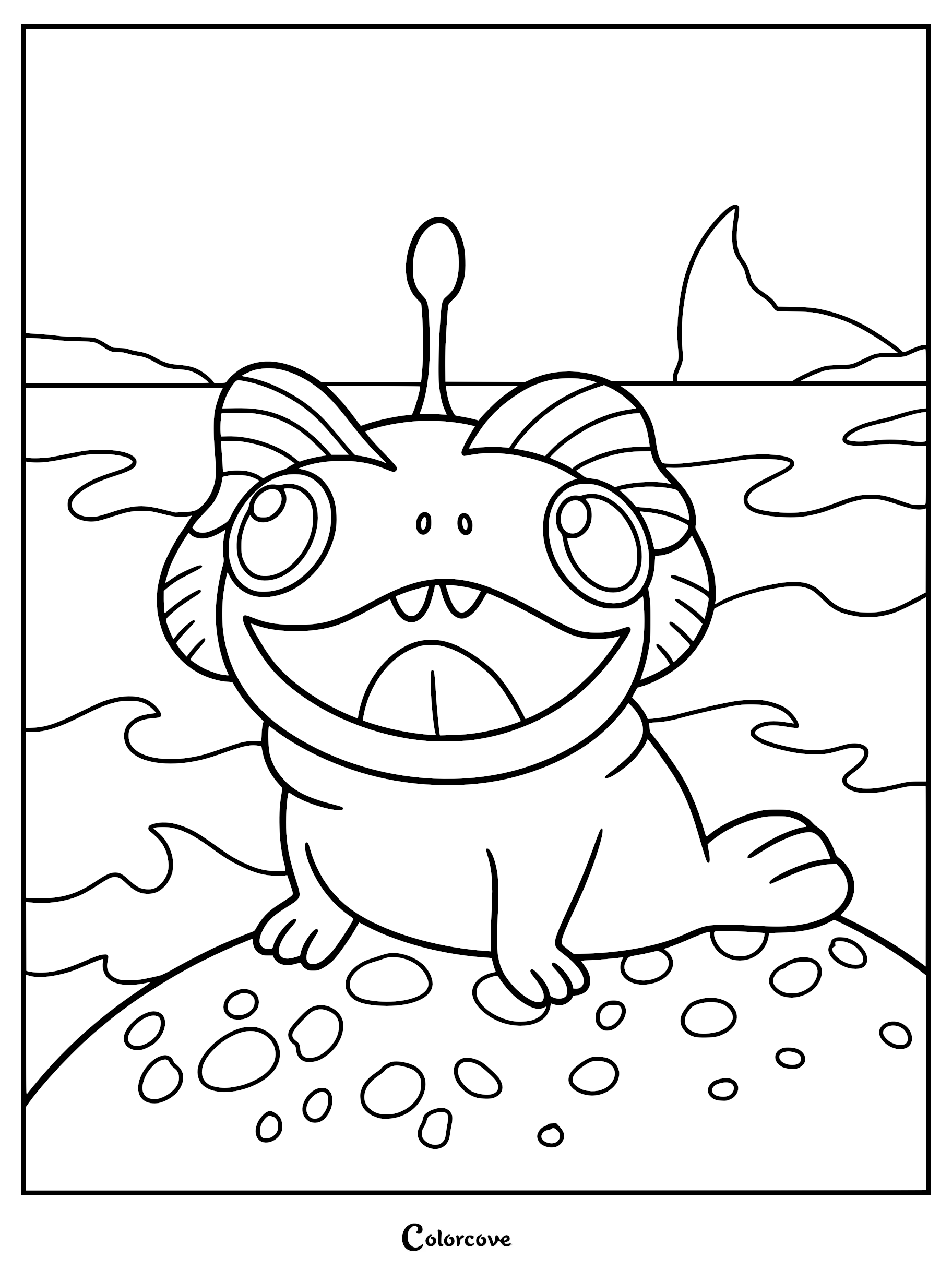 A printable coloring page featuring Blue, the adorable small sea beast from The Sea Beast, smiling while perched on a dotted rock amidst ocean waves.