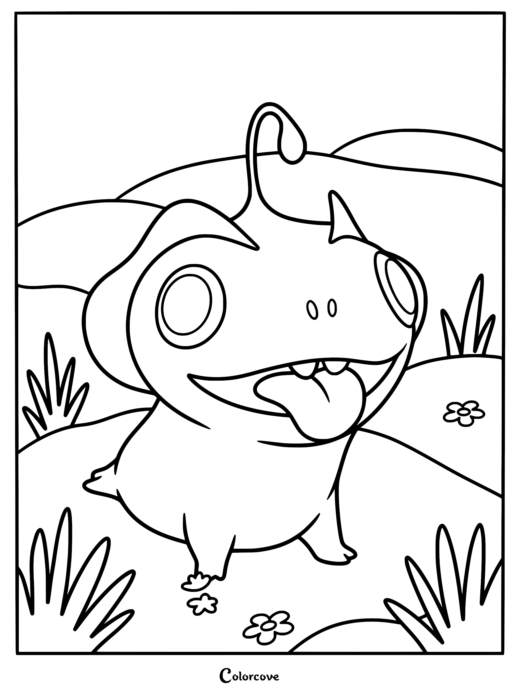 A friendly, playful Blue sea beast from The Sea Beast standing in a field of grass and flowers, line art style coloring page.
