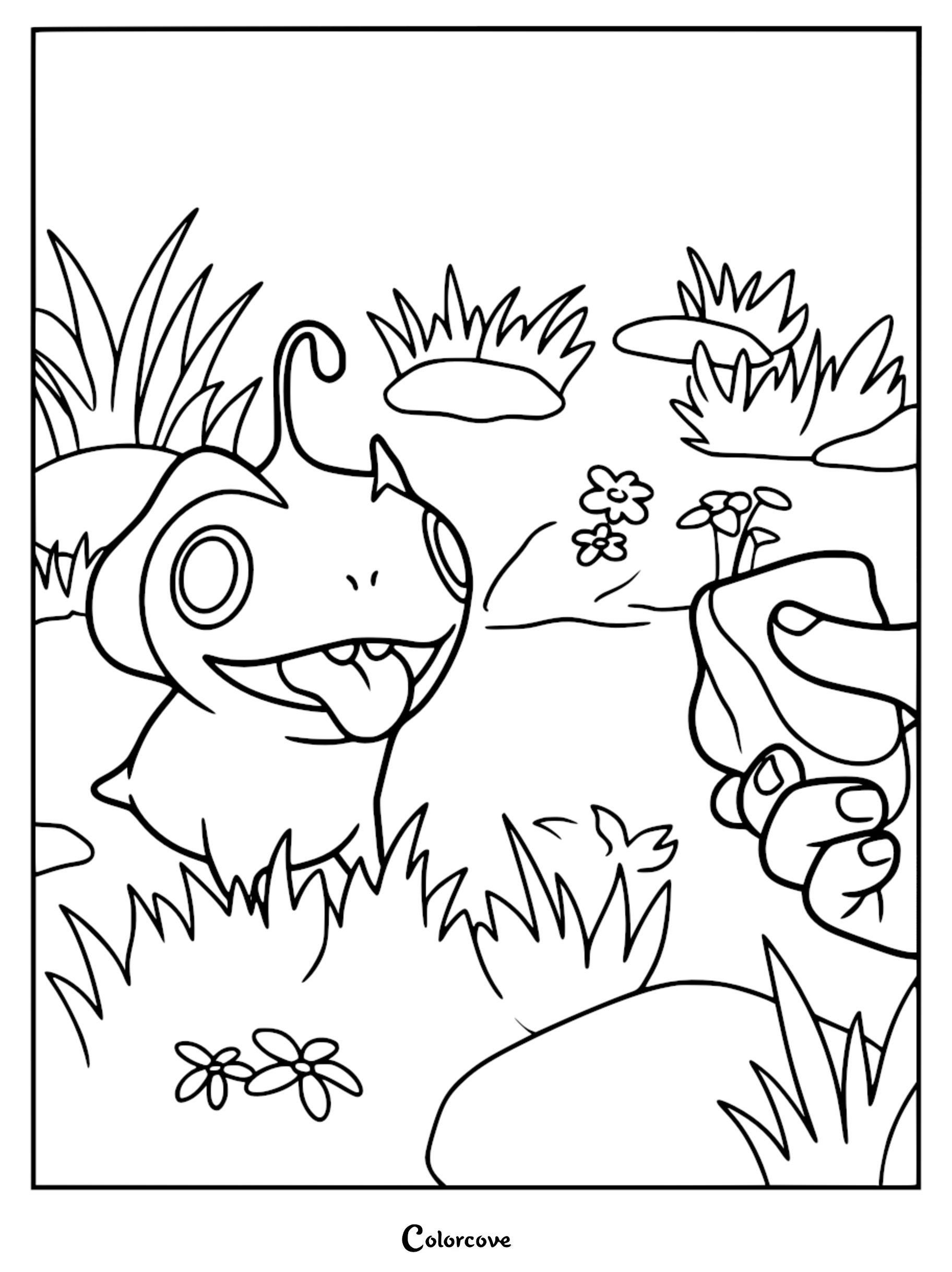 A printable coloring page featuring the sea beast Blue with its tongue out in a grassy field, being fed a treat by Maisie Brumble’s hand.