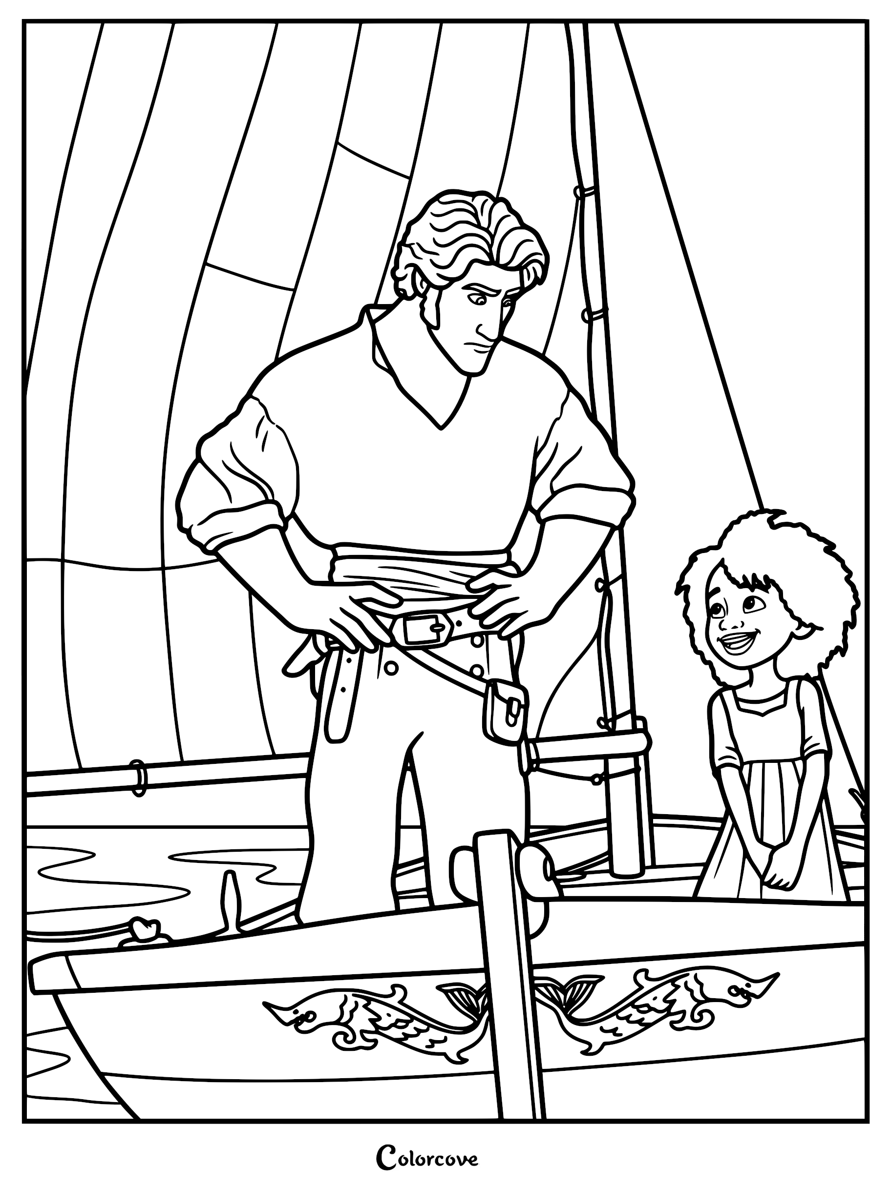 Jacob Holland standing on deck with hands on hips looking down at a smiling Maisie Brumble, The Sea Beast coloring page.