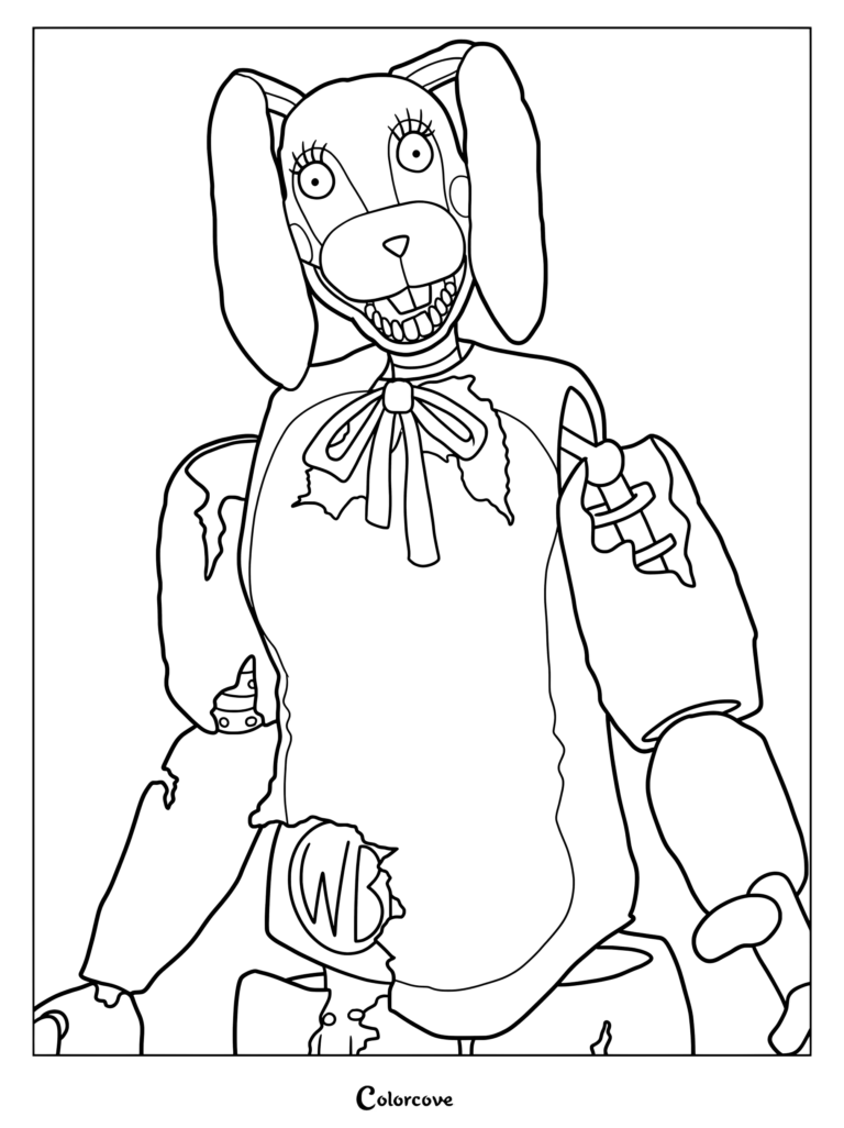 Una página para colorear detallada de Banny the Bunny de The Walten Files que muestra sus distintivos rasgos animatrónicos.