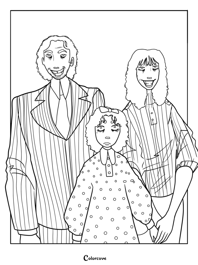 Una página para colorear imprimible con Jack Walten, Rosemary Walten y su hija Sophie Walten en un retrato familiar de The Walten Files.