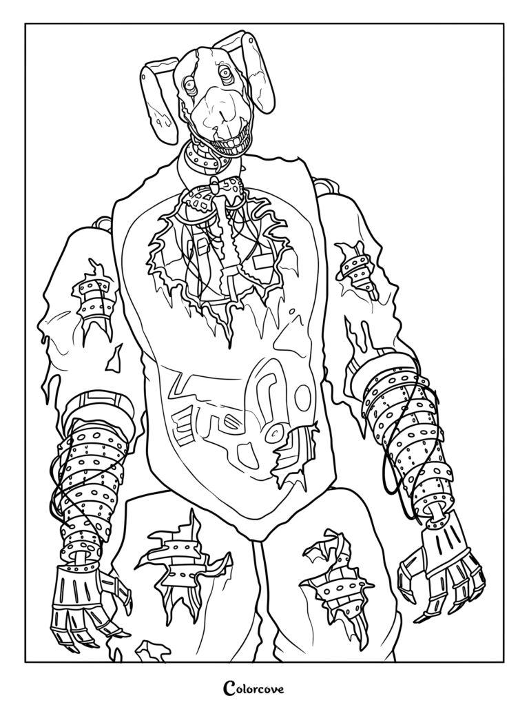 Página para colorear imprimible de Bon, el antagonista principal y conejo animatrónico principal de la serie de terror analógico The Walten Files.