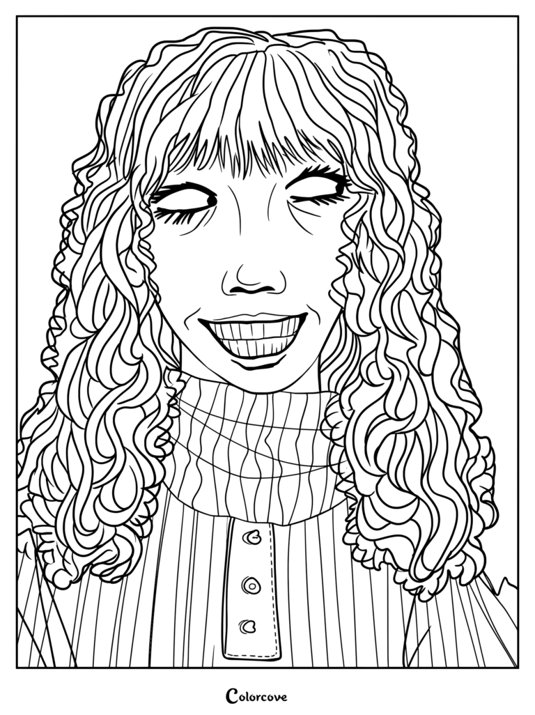 Página para colorear de Rosemary Walten de The Walten Files con un retrato detallado de ella sonriendo con cabello rizado y un suéter de cuello alto.