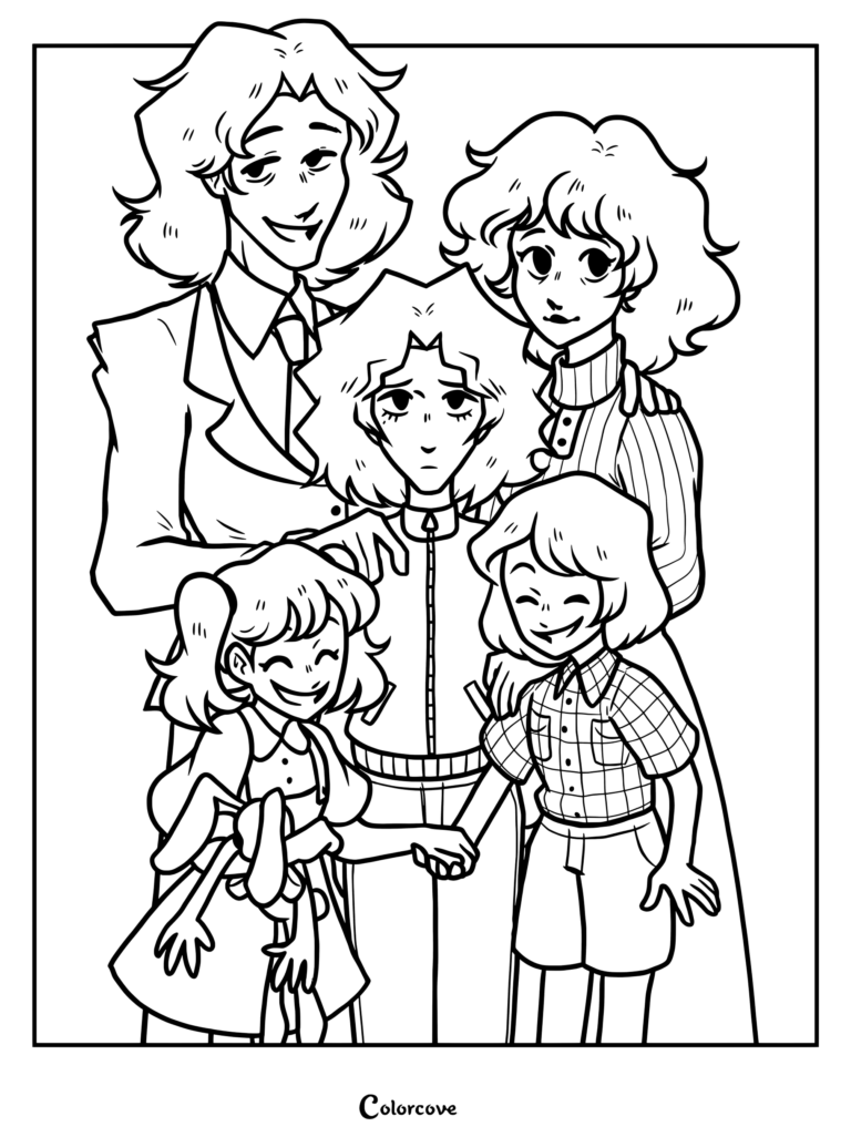 Página para colorear imprimible de Jack Walten, Rosemary Walten y sus hijos Sophie, Edd y Molly de The Walten Files.