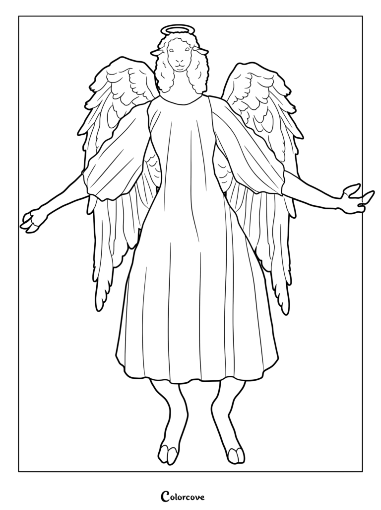 Una página para colorear imprimible de Angel Rosemary de The Walten Files, que presenta un personaje con cabeza de oveja, halo, alas de plumas y un vestido fluido.