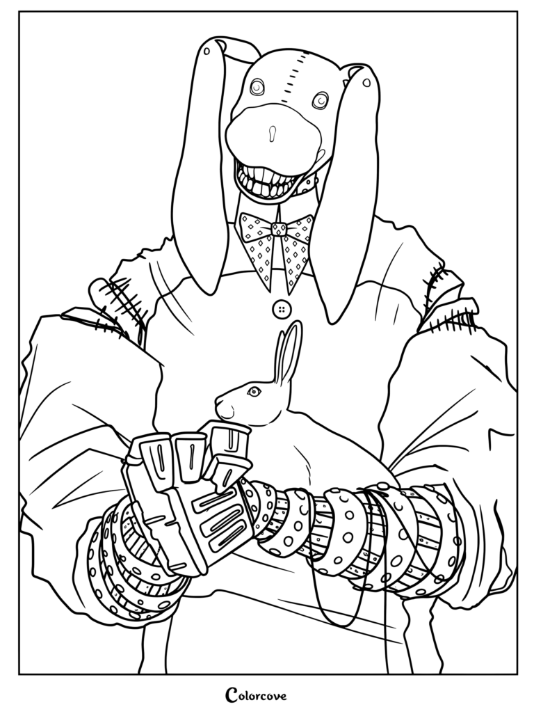 Una página para colorear imprimible de Bon de la serie de terror analógico The Walten Files, que muestra a Bon sosteniendo un conejo pequeño.