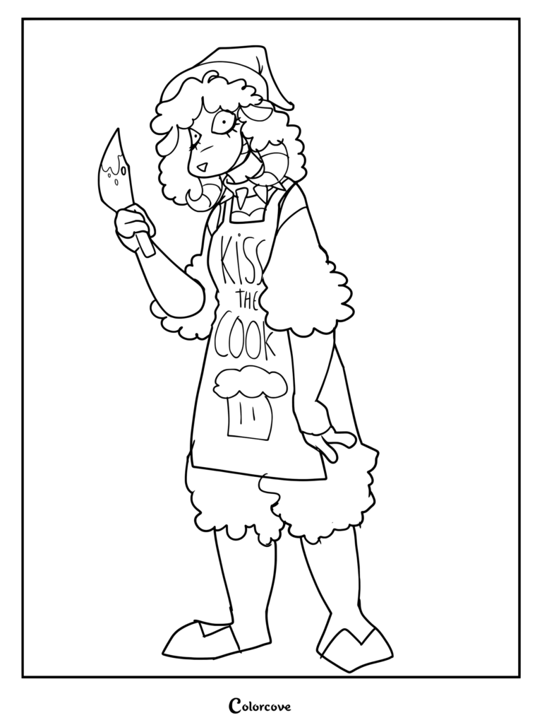 Una página para colorear imprimible de Witch Sheep Rachel Waterman de The Mysterious House en The Walten Files, sosteniendo un cuchillo y usando un delantal que dice Kiss the Cook.