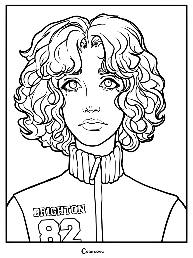Una página para colorear imprimible de Sophie Walten usando una chaqueta con el texto Brighton 82 de The Walten Files.