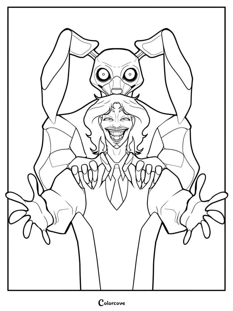 Página para colorear imprimible de Jack Walten y el animatrónico Bon de la serie web de terror analógico The Walten Files creada por Martin Walls.
