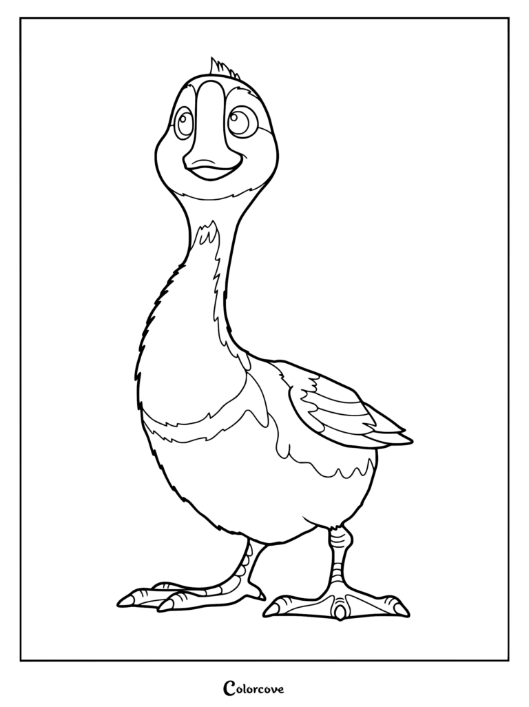 A printable coloring page featuring Brightbill the gosling standing and looking upward with a cheerful expression.