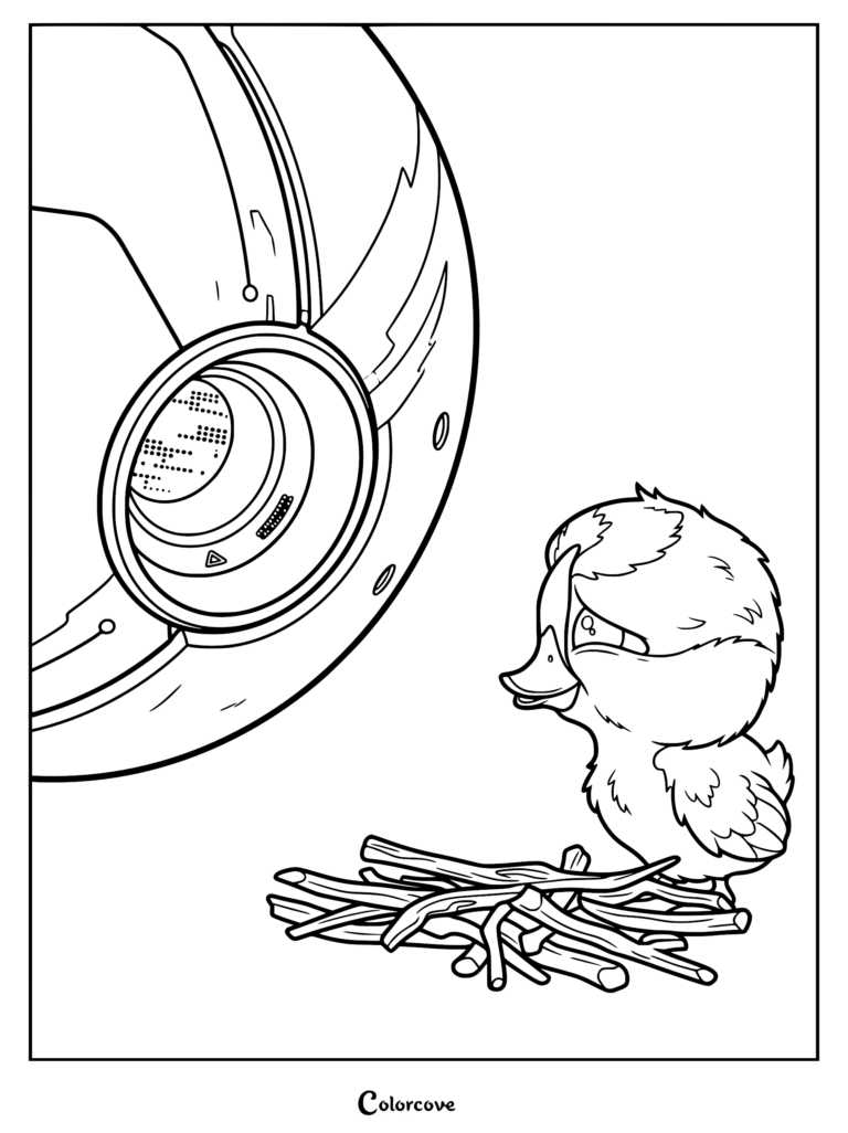A printable coloring page featuring Roz's large robotic eye looking down at a small, fluffy Brightbill standing in a twig nest.