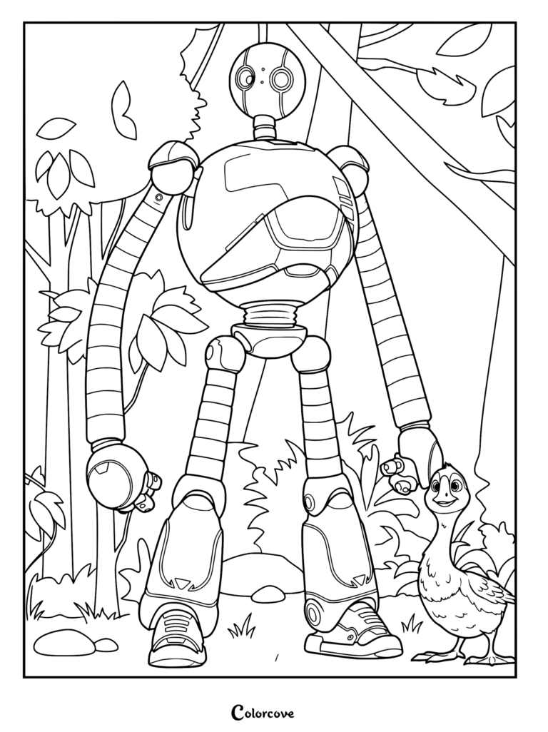Roz the robot standing in a forest with Brightbill the gosling, printable coloring page for kids.