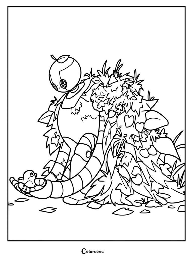 Roz the robot sitting in a leafy forest environment holding a small Brightbill in her hand, line art coloring page.