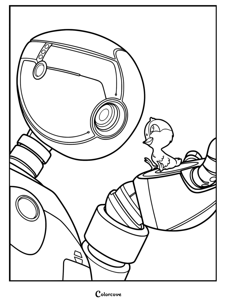 Roz the robot looking down at Brightbill the gosling sitting on her hand in this printable coloring page.