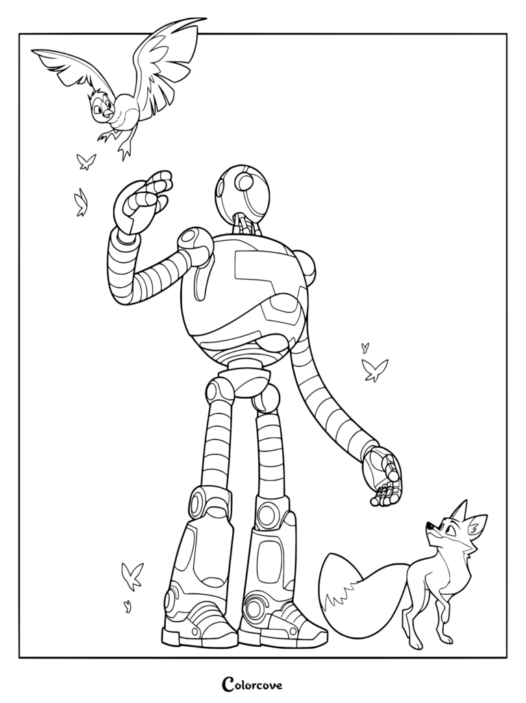 Roz the robot standing with Brightbill the gosling flying above and Fink the fox looking up in this printable coloring page.