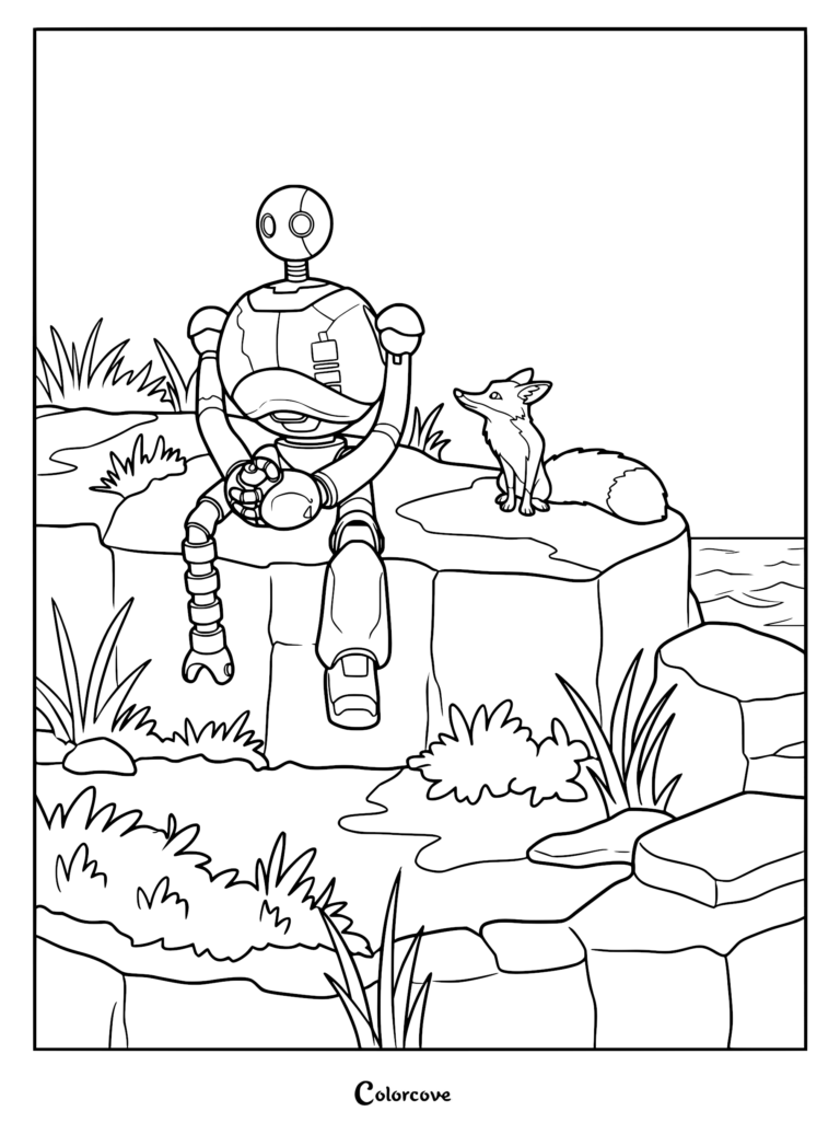 Roz the robot sitting on a cliff edge next to Fink the fox in a nature scene, printable coloring page.