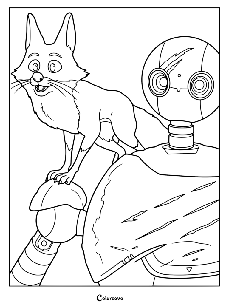 Fink the fox standing on the shoulder of Roz the robot in this printable coloring page.