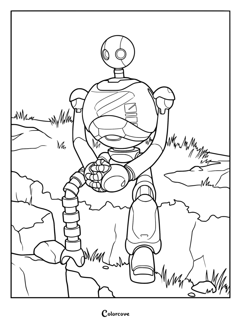 Roz from The Wild Robot sitting on a rocky cliffside, a detailed line art coloring page for kids.