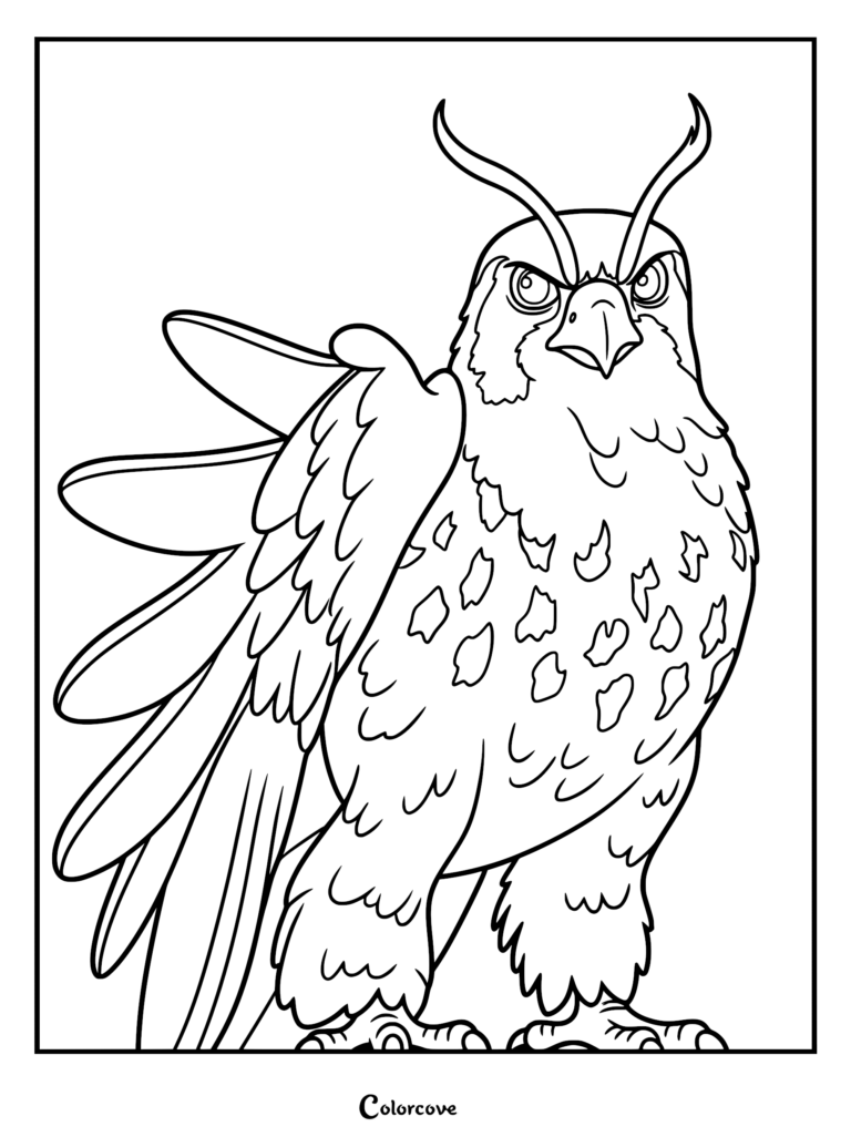 Thunderbolt the falcon from The Wild Robot standing tall with wings partially folded in this detailed printable coloring page.