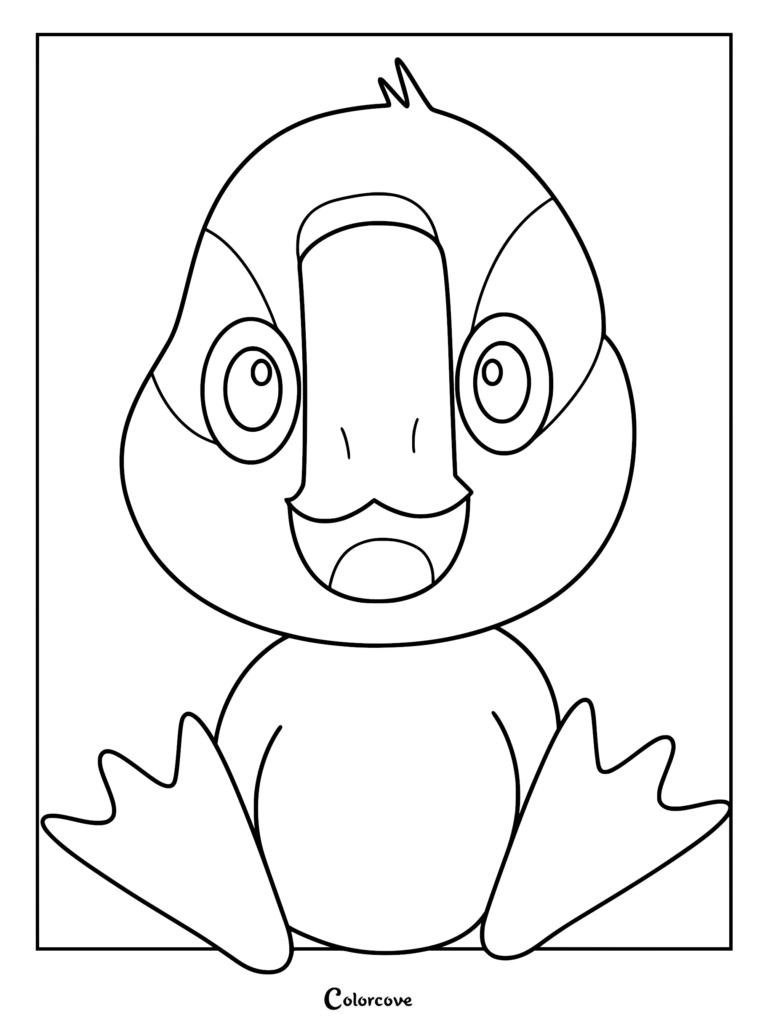 A simple coloring page featuring a close-up portrait of the adorable gosling Brightbill sitting and looking forward with large expressive eyes.