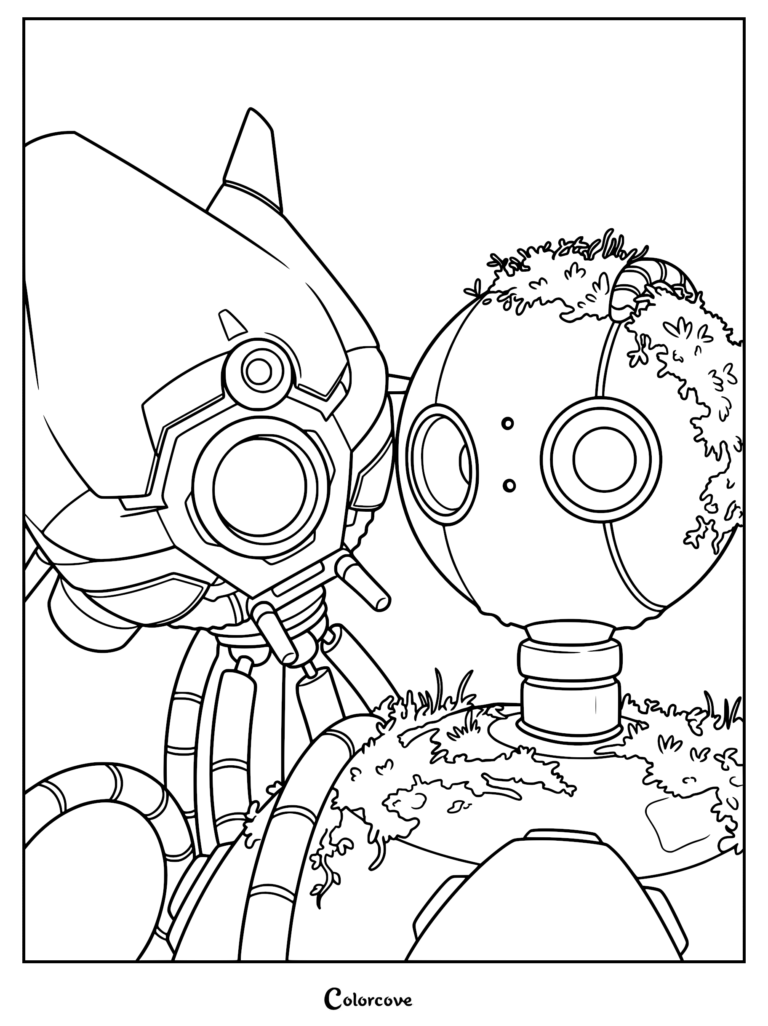 Vontra and Roz face to face in this detailed The Wild Robot coloring page featuring the sleek Vontra and moss-covered Roz.