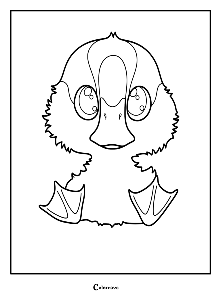 A cute line art coloring page of Brightbill the duckling from The Wild Robot with large expressive eyes and small webbed feet.