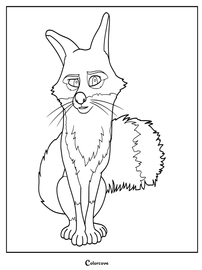 A printable coloring page featuring Fink the fox from The Wild Robot sitting upright with a fluffy tail and expressive eyes.