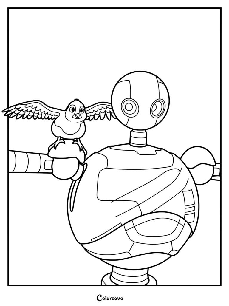 A printable coloring page featuring Roz the robot with Brightbill the gosling perched on her arm with wings spread wide.