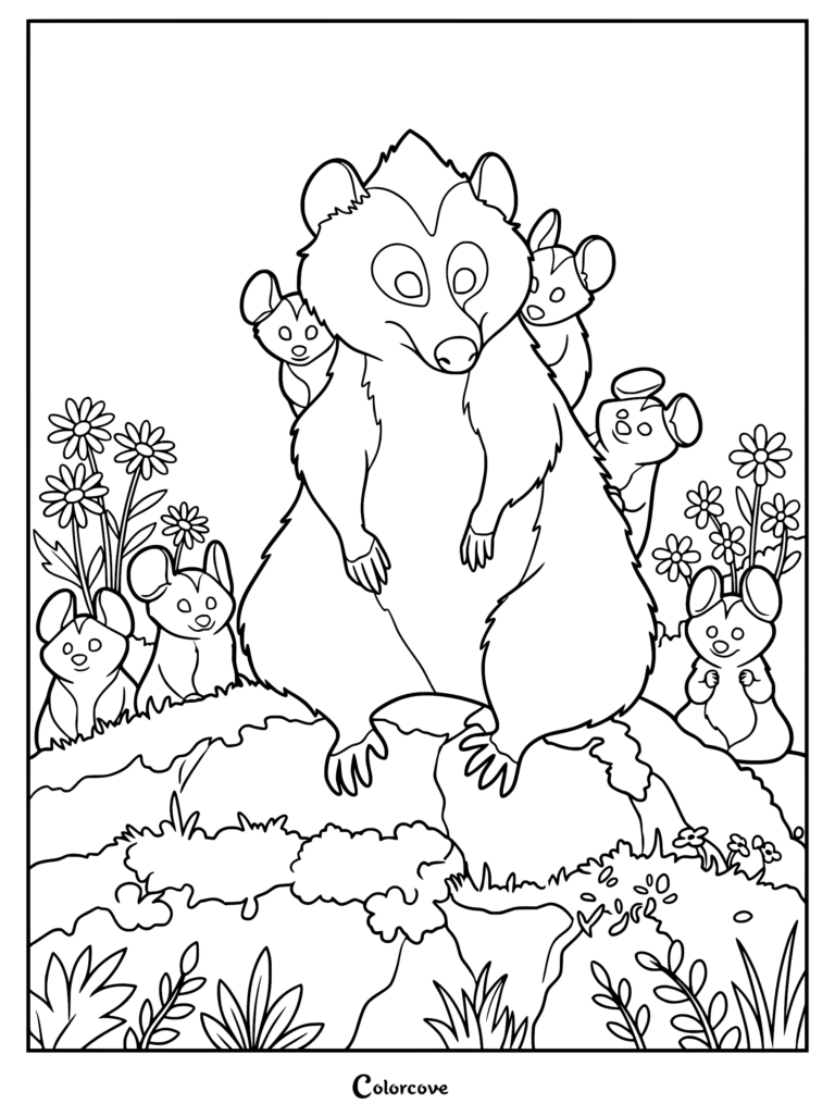 Pinktail the opossum standing on a grassy hill surrounded by her young joeys in this printable coloring page.