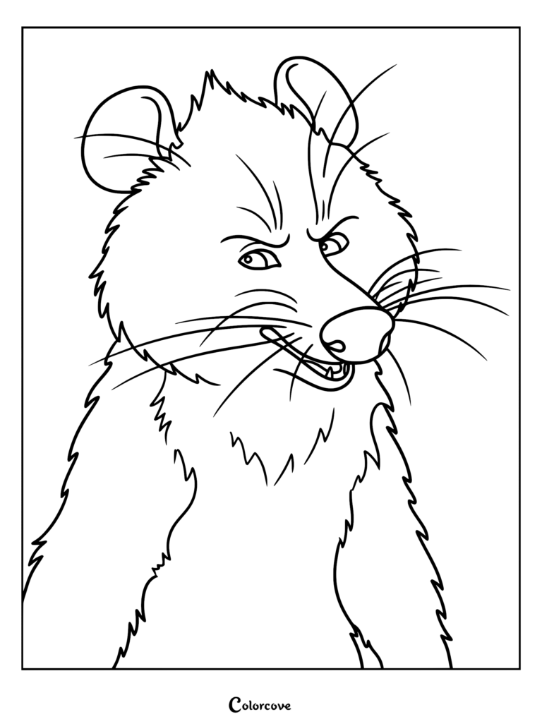A detailed coloring page of Pinktail the opossum from The Wild Robot, showing his mischievous expression and whiskers.