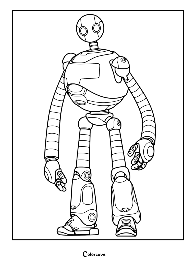 A printable coloring page featuring Roz, the robot with a circular head and segmented limbs, standing in a neutral pose.
