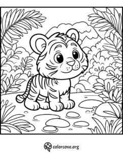 Printable coloring page of a cute tiger cub in a jungle, perfect for kids and animal lovers.