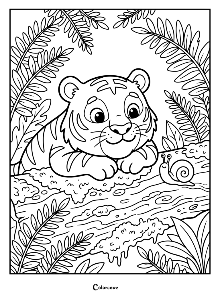 Cute little tiger cub resting on a log looking at a tiny snail in a jungle coloring page