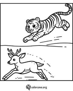 Coloring page featuring a playful tiger and a running deer, perfect for kids' coloring activities and animal lovers.