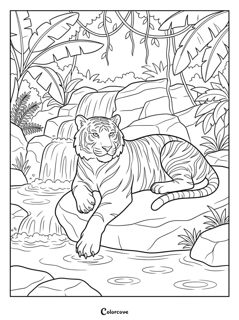 A majestic tiger relaxing on a rock near a jungle waterfall coloring page
