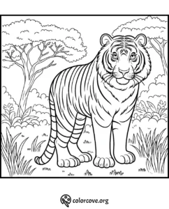 Tiger coloring page for kids and adults, featuring a tiger in a jungle setting with trees and grass. Colorcove.org.