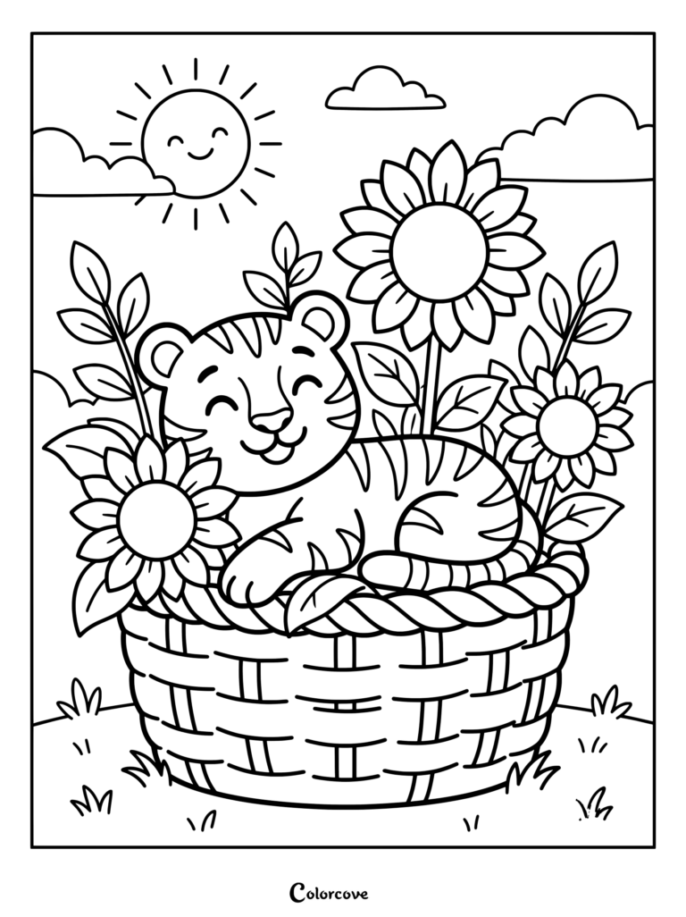 A smiling tiger cub resting inside a woven basket surrounded by sunflowers and foliage, featuring a smiling sun in the sky, perfect for a coloring page.