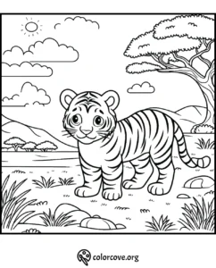 Coloring page of a cute tiger cub standing in a scenic outdoor landscape with trees and mountains in the background.