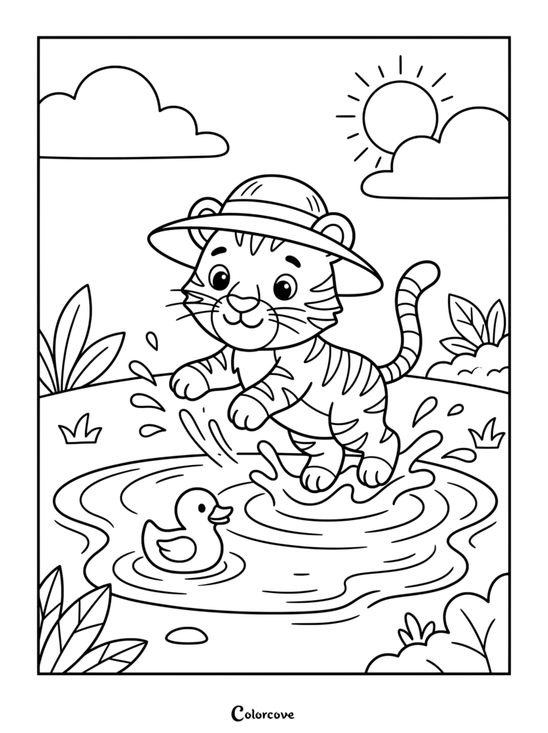 Cute baby tiger wearing an explorer hat splashing in a puddle with a rubber duck coloring page