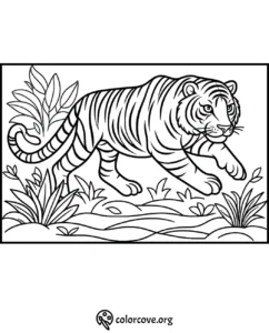 Tiger coloring page: Majestic tiger walking in jungle with lush plants. Ideal for kids' fun and educational coloring activities.