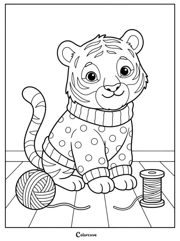 Printable tiger coloring page featuring a cute cub wearing a polka dot sweater sitting with a ball of yarn.