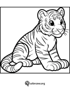 Coloring page of an adorable baby tiger sitting with stripes, ready to be colored in. Ideal for kids' coloring activity.