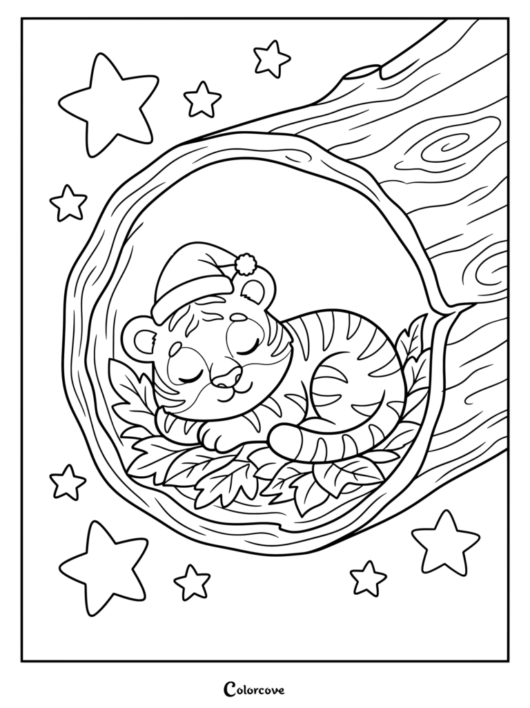 A cute tiger wearing a nightcap sleeping peacefully inside a tree hollow with stars around it coloring page.