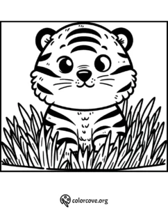Cute tiger coloring page for kids featuring a tiger cub sitting in grass. Great for learning about wildlife.