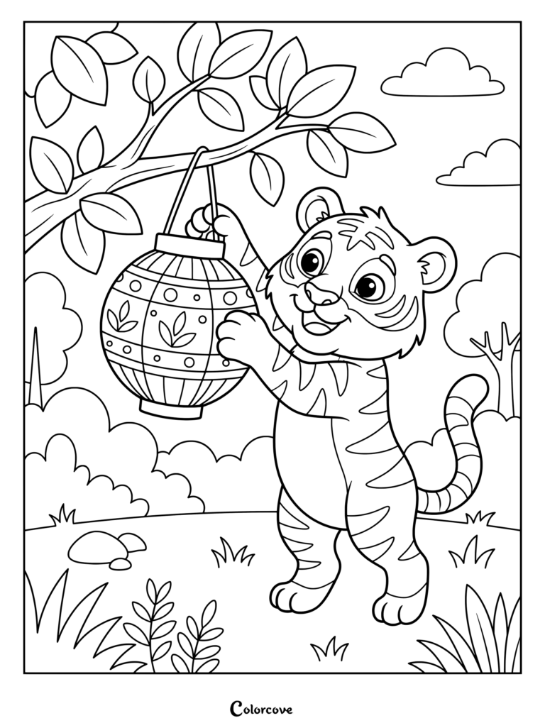 A friendly tiger cub hanging a decorative patterned lantern on a tree branch coloring page.