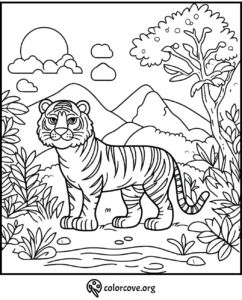 Coloring page featuring a majestic tiger in a lush jungle setting with mountains, trees, and a sun in the background.