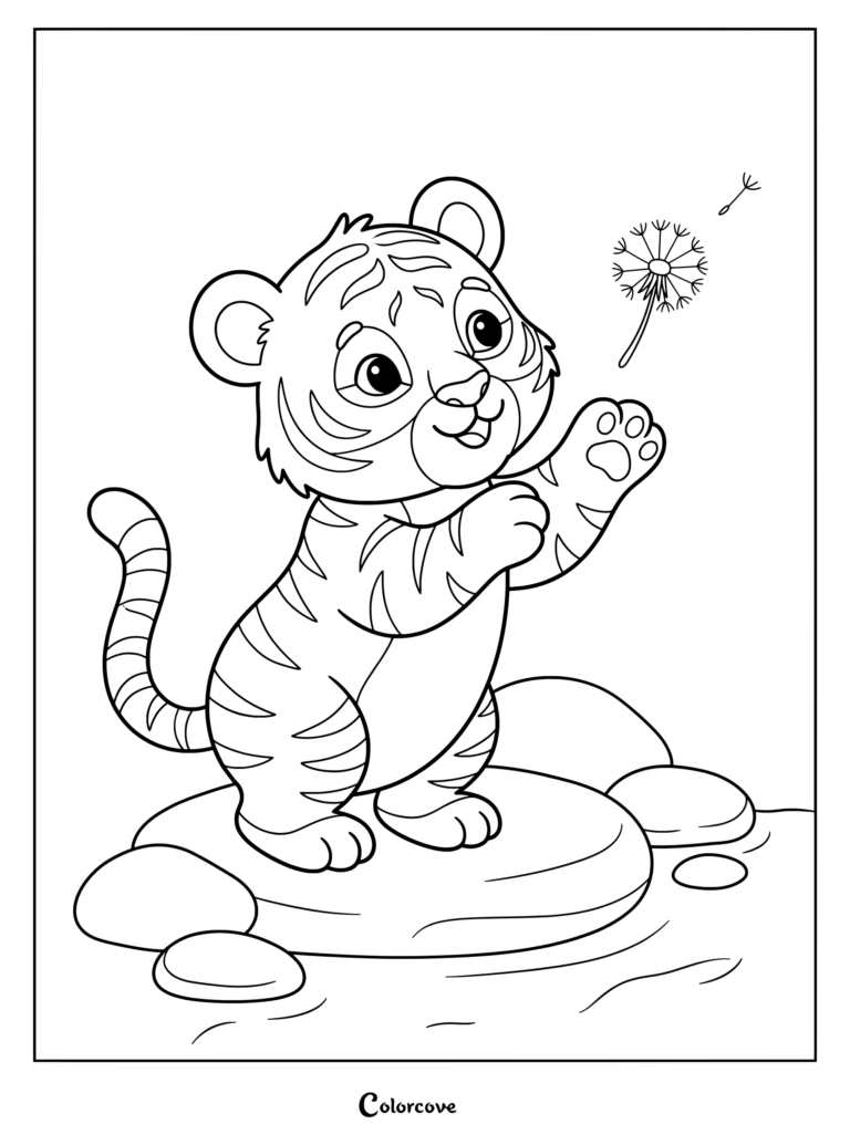 Cute tiger cub standing on a rock blowing dandelion seeds coloring page